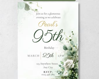 95th Birthday Invitation for Women, Sage Green Floral Invite, Botanical Garden Party, Elegant Watercolor, Editable Canva Template