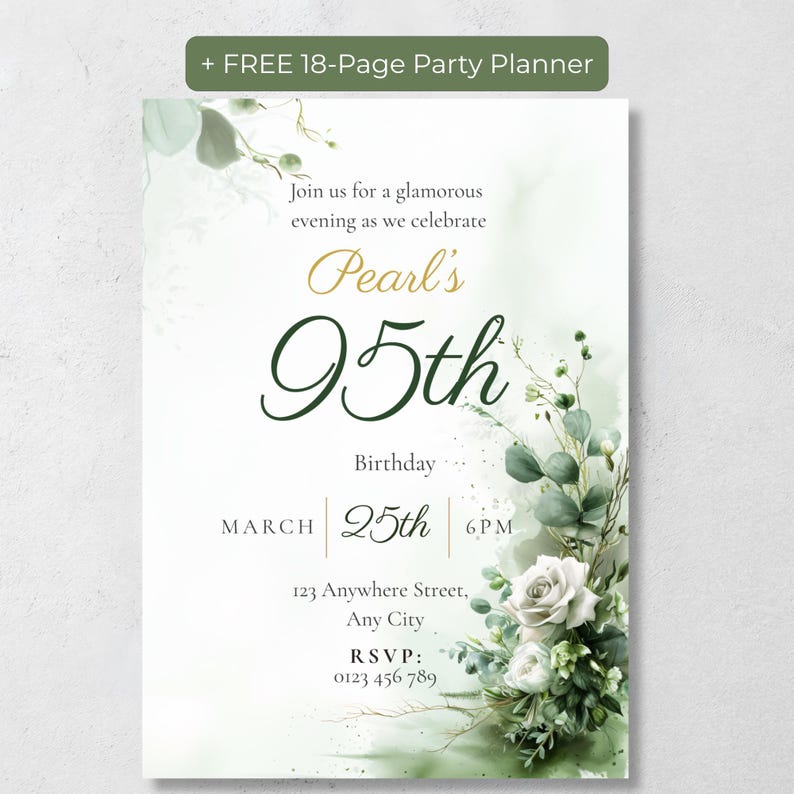 Sage green watercolor 95th birthday invitation with white roses and eucalyptus
