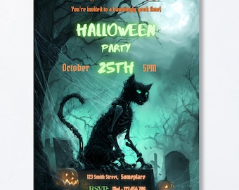 Halloween Party Invitation Template, Editable Zombie Cat Invite, Spooky Canva Invite, Printable Halloween Invite, Horror Party Invite