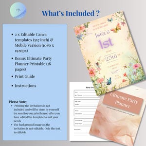 What's included graphic for fairy garden birthday invitation showing the 5x7 editable Canva template, mobile version, free 18-page Ultimate Party Planner printable, print guide and instructions