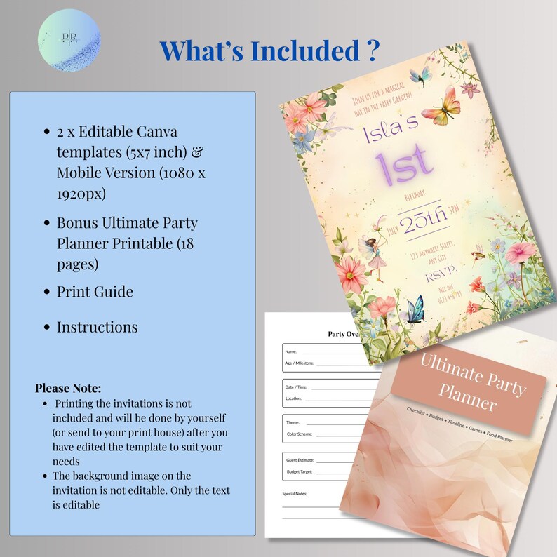 What's included graphic for fairy garden birthday invitation showing the 5x7 editable Canva template, mobile version, free 18-page Ultimate Party Planner printable, print guide and instructions