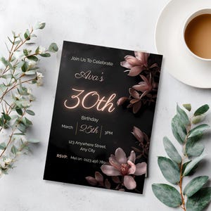 Black and blush birthday invitation flat lay with coffee cup and eucalyptus, elegant editable Canva template for milestone birthdays