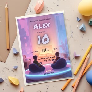 Gaming birthday invitation template styled on a craft desk with paintbrushes and colored pencils, neon video game party invite flat lay