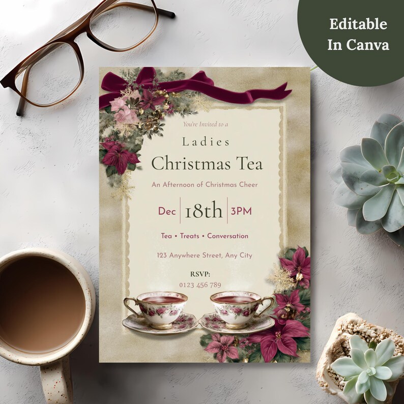 Ladies Christmas Tea invitation styled with coffee and reading glasses, labeled Editable in Canva