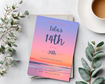 Beach Birthday Invitation Template, Tropical Sunset Party Invite, Editable Canva Invitation, Summer Beach Party, Printable 5x7