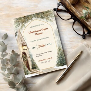 Christmas Open House invitation flat lay with glasses and pen, elegant printable holiday party invitation