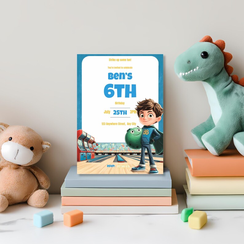 Editable bowling party invitation for boy featuring superhero birthday boy and arcade theme with clear space for party details