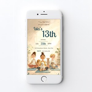 Editable puppy yoga birthday invitation shown on phone screen, Canva template for teen girl 13th birthday party