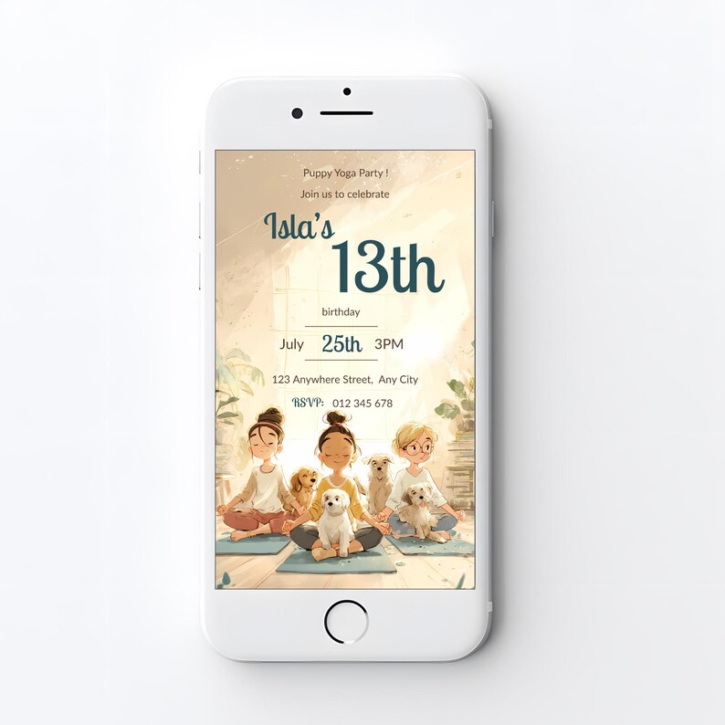 Editable puppy yoga birthday invitation shown on phone screen, Canva template for teen girl 13th birthday party