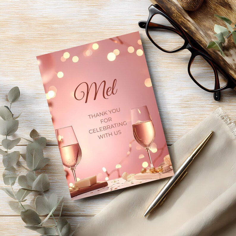 Elegant wine birthday thank you card template for women, minimalist pink design suitable for classy milestone party