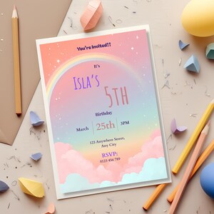 Pastel rainbow birthday invitation card styled with ribbon and confetti