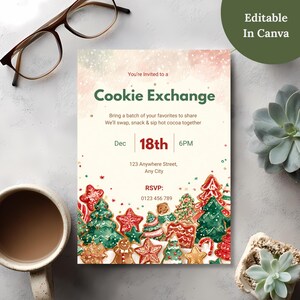 Cookie Exchange invitation printed and styled on a desk with coffee, glasses, and a succulent plant, labeled editable in Canva