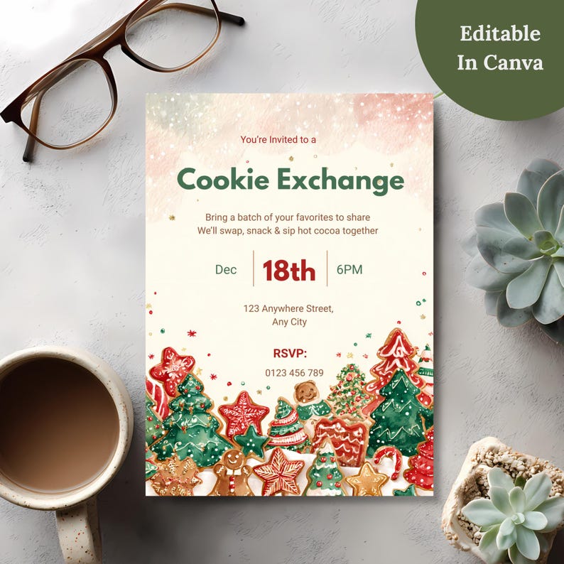 Cookie Exchange invitation printed and styled on a desk with coffee, glasses, and a succulent plant, labeled editable in Canva
