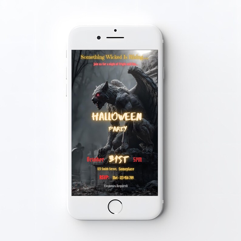 Halloween party invitation displayed on a phone screen, digital evite for text or WhatsApp, editable Canva template