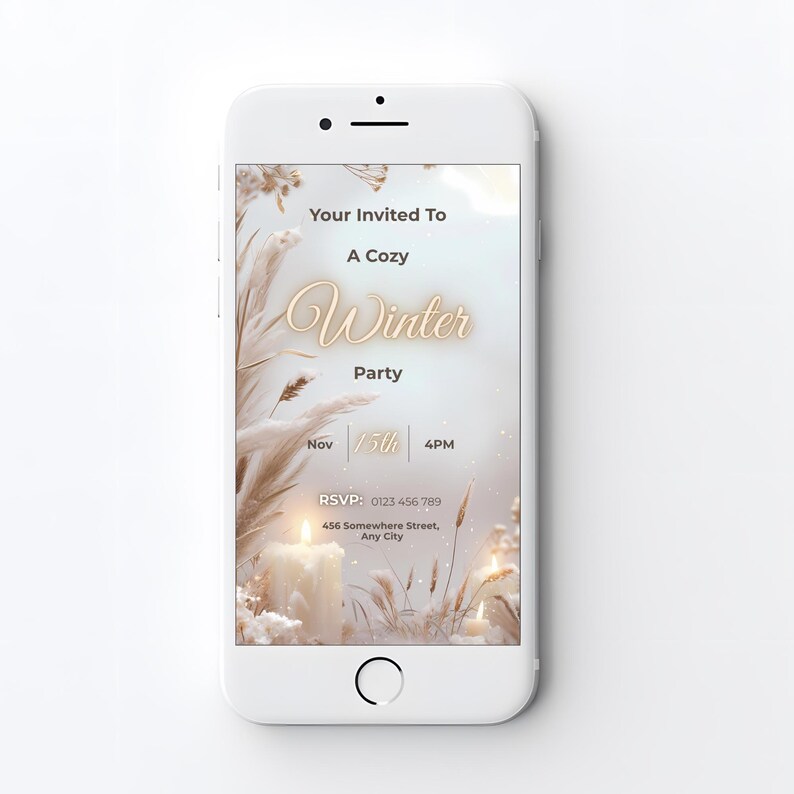 Mobile-format candlelit winter invitation displayed on a smartphone screen for digital sharing