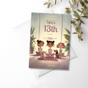 Puppy yoga birthday invitation template showing relaxed yoga studio scene with girls and small dogs