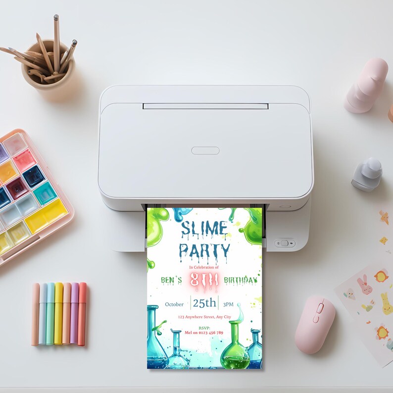 Slime party invitation printing from a home printer, editable Canva template ready to print for a boy's birthday