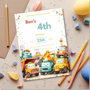 Bright fun construction-themed birthday invite featuring cheerful cartoon trucks and blank area for child’s party details.