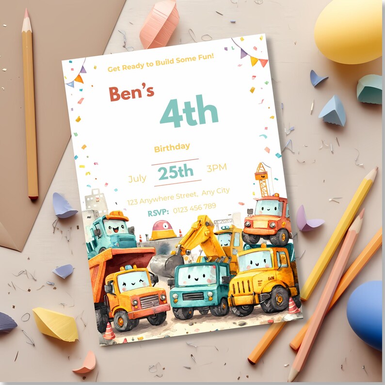 Bright fun construction-themed birthday invite featuring cheerful cartoon trucks and blank area for child’s party details.