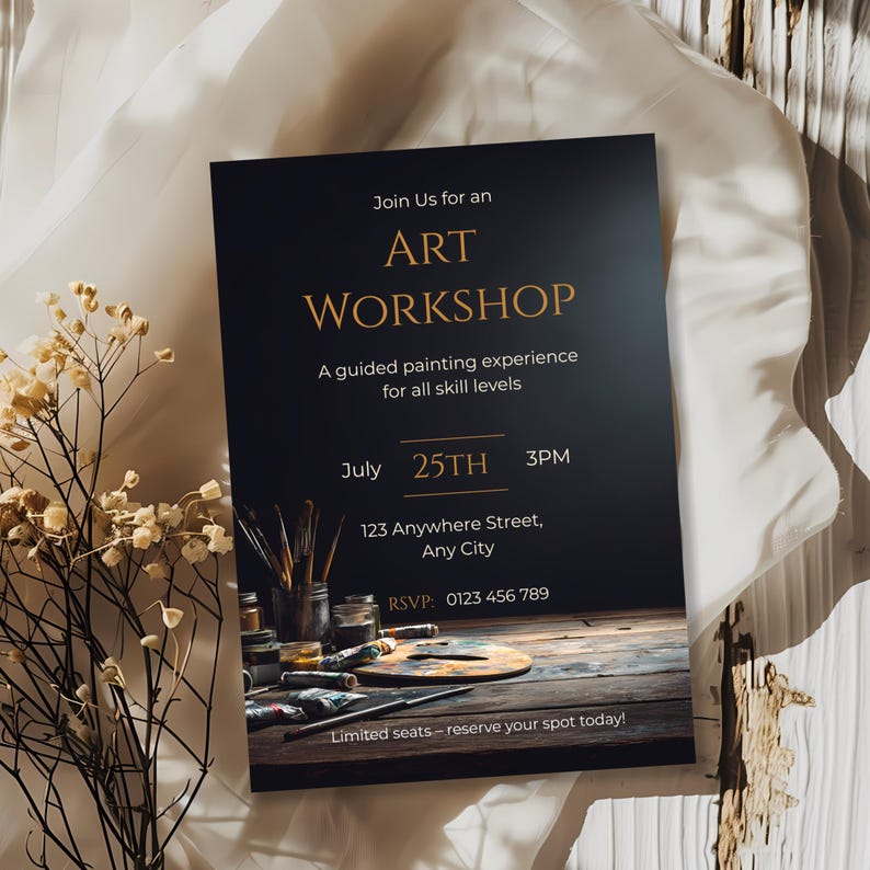 Editable art studio event invitation template with paintbrushes jars palette and dramatic lighting aesthetic