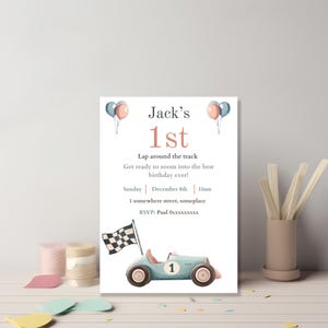 Pastel Race Car 1st Birthday Invitation, Editable Canva Lap Around The Track Template for Kids Party image 3
