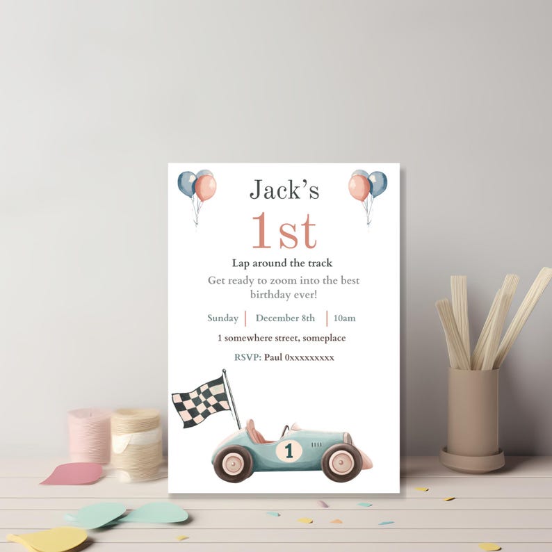 Pastel Race Car 1st Birthday Invitation, Editable Canva Lap Around The Track Template for Kids Party image 3