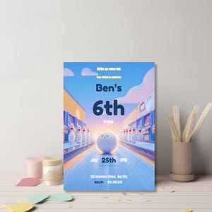 Editable bowling birthday invitation template for boys, arcade themed kids party invite example