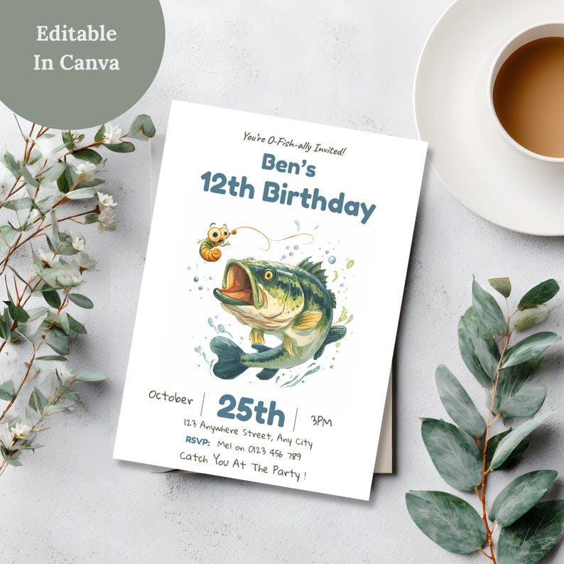 Fishing birthday invitation template with an Editable in Canva badge, styled on a table with eucalyptus leaves and a cup of coffee