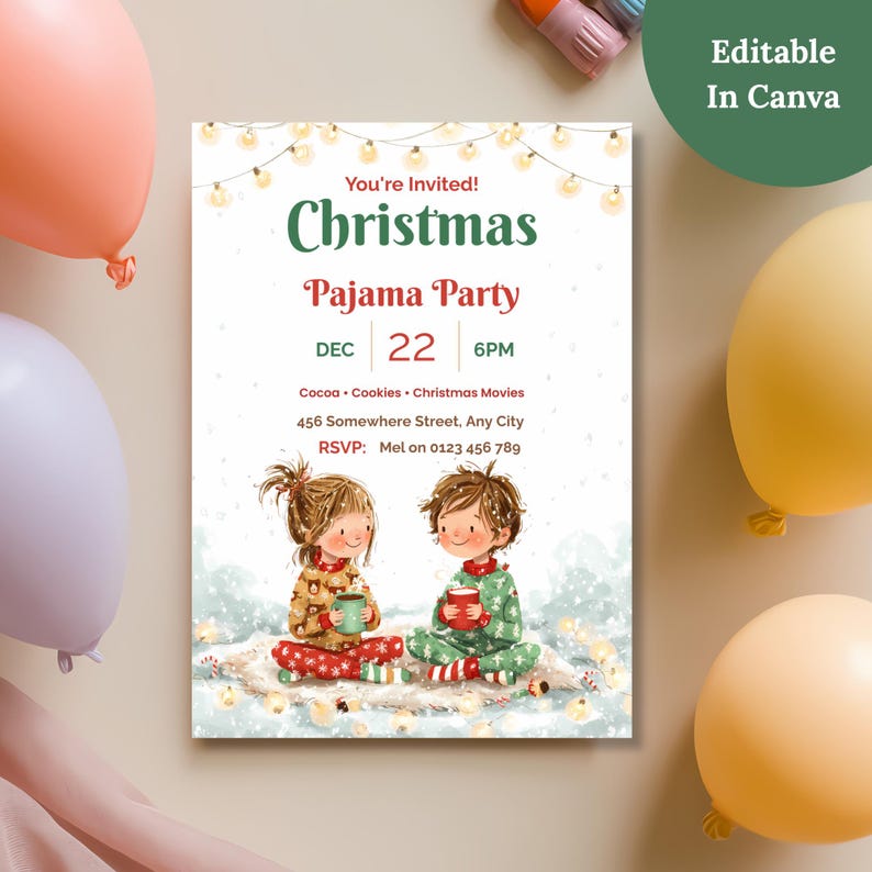 Kids Christmas PJ party invitation with an Editable in Canva badge, showing the date, address and party details can be customized