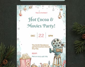 Christmas Movie Night Invitation, Hot Cocoa Party Invite, Editable Canva Template, Watercolor Holiday Invite + Free Party Planner