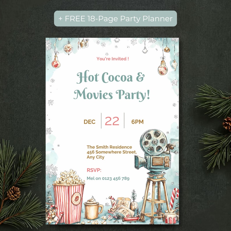 Editable Christmas movie night invitation with free 18-page printable party planner bonus