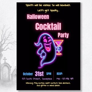 Halloween cocktail party invitation neon ghost Canva template editable text date time RSVP address printable digital download