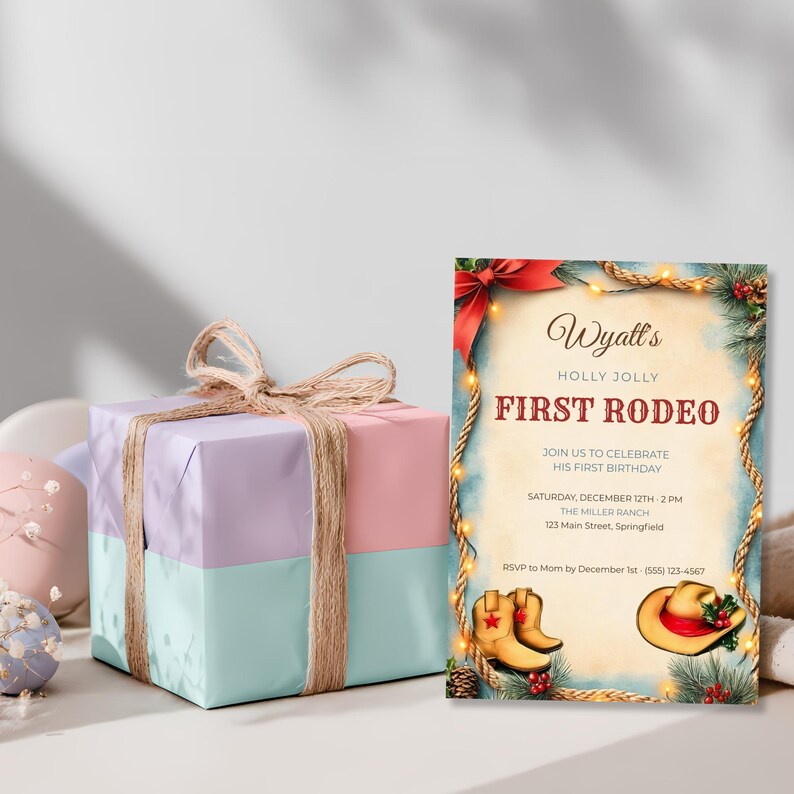 Cowboy Christmas first birthday invitation with a rope lasso frame and string lights, displayed beside a wrapped gift for a baby boy's December 1st birthday party