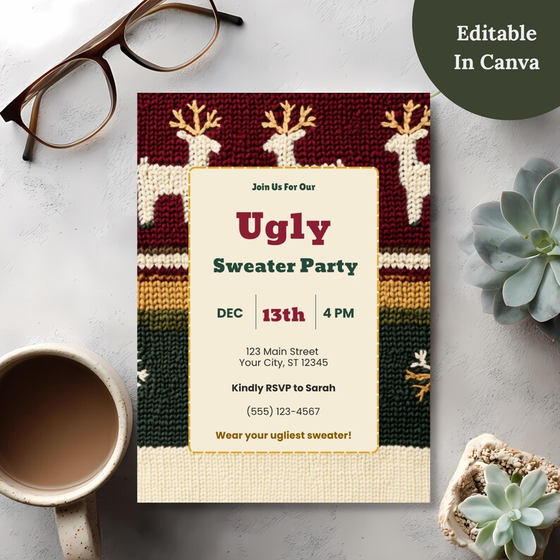Ugly sweater party invitation template labeled Editable in Canva, shown on a desk with eyeglasses, coffee and a succulent.