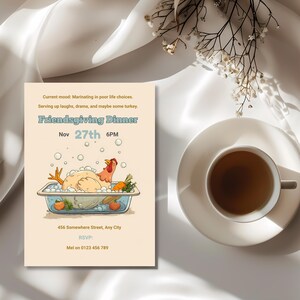 Funny turkey invitation with bubble bath design styled with coffee and dried flowers