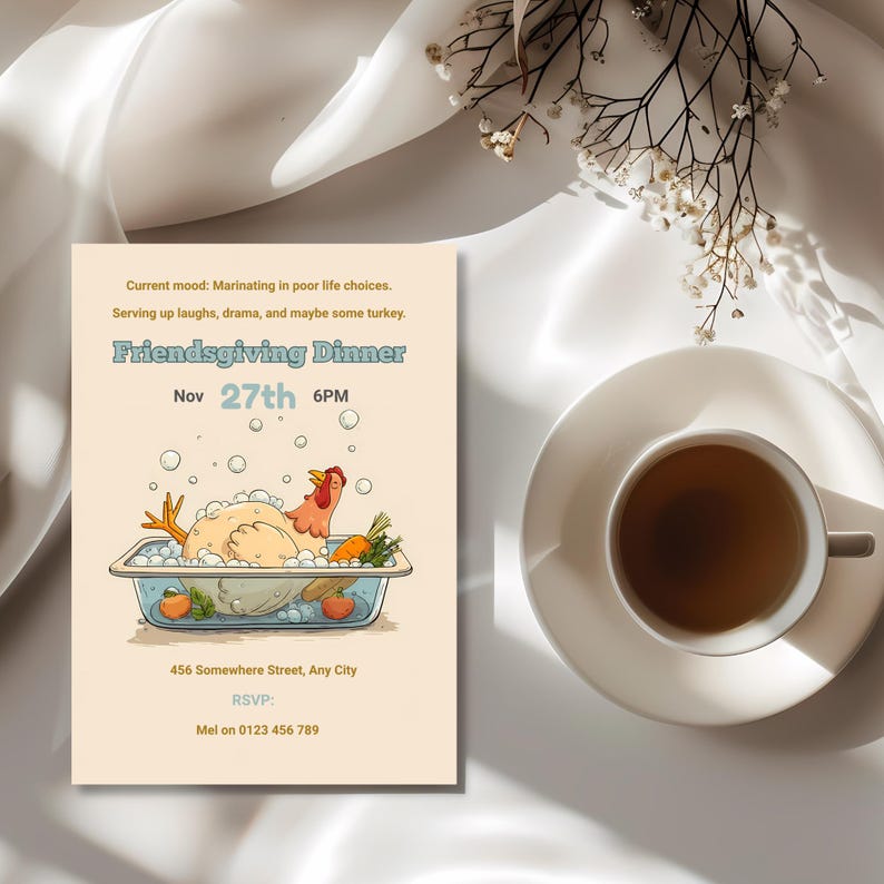 Funny turkey invitation with bubble bath design styled with coffee and dried flowers