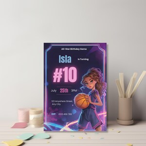 Neon basketball birthday invitation for girls, premium modern sports party invite editable Canva download