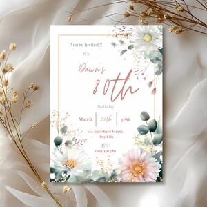 80th birthday invitation template featuring garden party floral design, pastel botanical Canva editable invite for milestone birthday