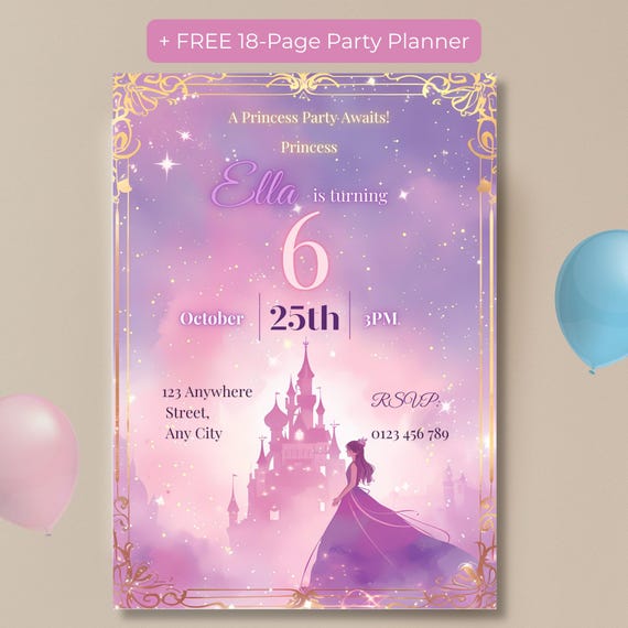 Princess birthday invitation template with free 18-page party planner bonus, pink and gold castle design, editable in Canva