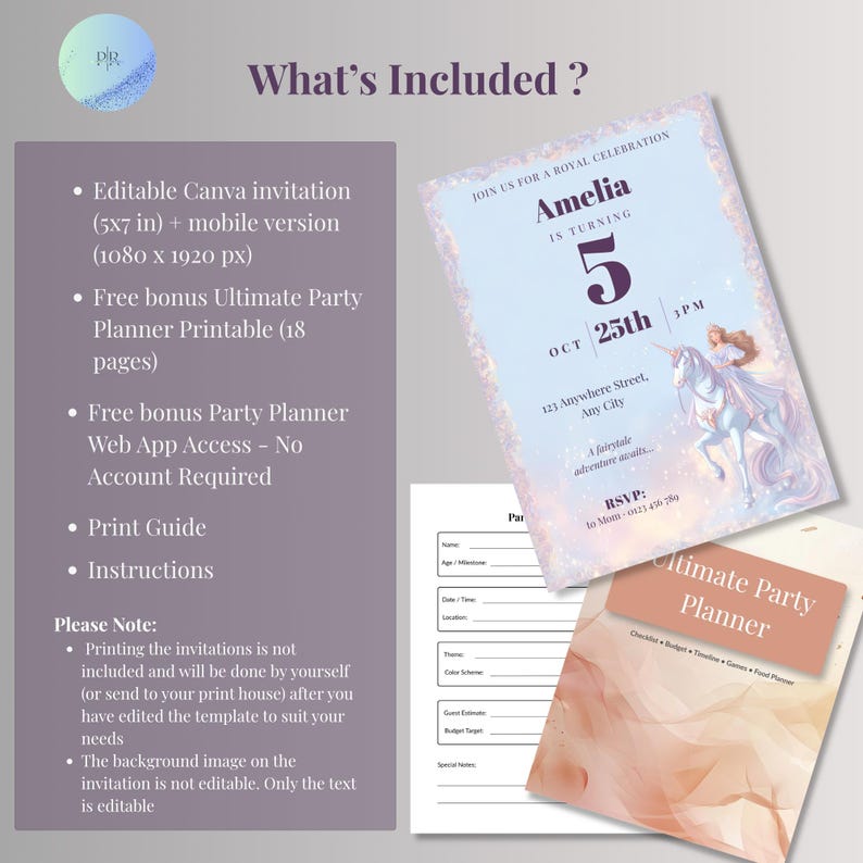 What's included: editable Canva princess invitation 5x7 plus mobile version, free bonus 18-page printable party planner, free party planner web app, print guide and instructions