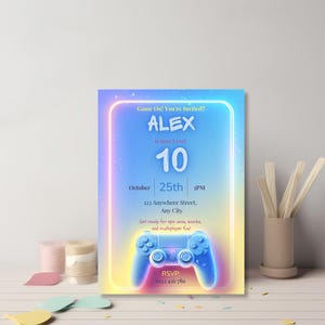 Neon gaming birthday invitation standing display with party confetti
