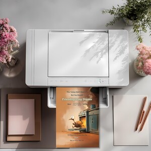 Funny Friendsgiving invitation printing at home on a desktop printer, ready to send or display