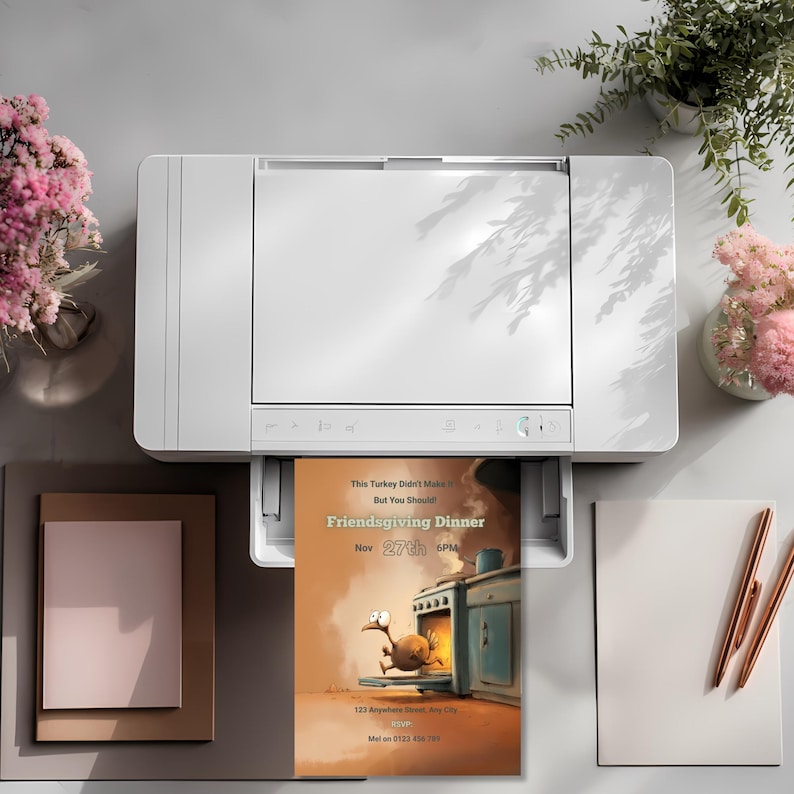Funny Friendsgiving invitation printing at home on a desktop printer, ready to send or display