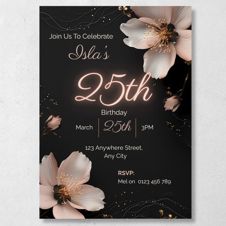 lack floral 25th birthday invitation template with blush flowers and neon glow number on white background, fully editable in Canva