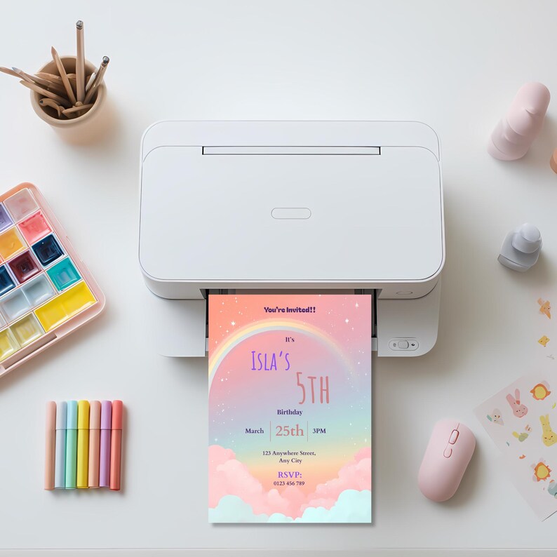 Rainbow birthday invitation printing from home printer with craft supplies
