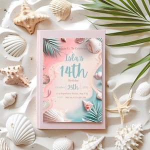 May include: A pink invitation with the text "Isla's 14th Birthday" is surrounded by seashells and starfish on a sandy surface. The invitation includes the date, time, and RSVP information. The design features a pastel color scheme with tropical elements.
