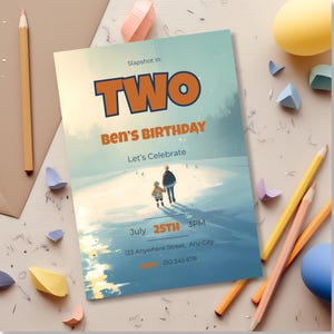 Modern ice hockey birthday invitation template featuring emotional rink scene and minimal text layout for a boy’s second birthday
