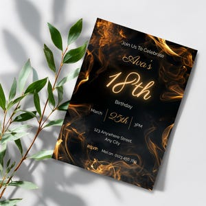 Close up of luxury gold smoke frame on moody black 18th birthday party invitation design