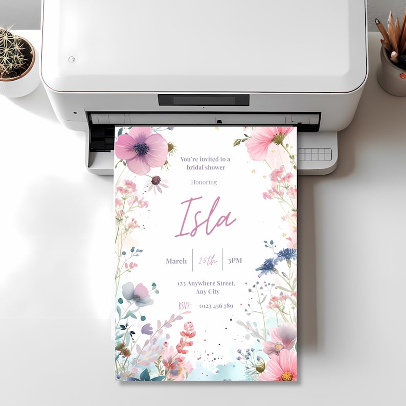 Bridal shower invitation template printing at home from a desktop printer, showing the high-resolution 5x7 printable design.