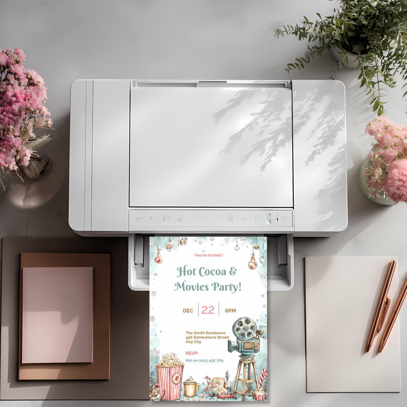 Printable Christmas movie night invitation printing from a home printer